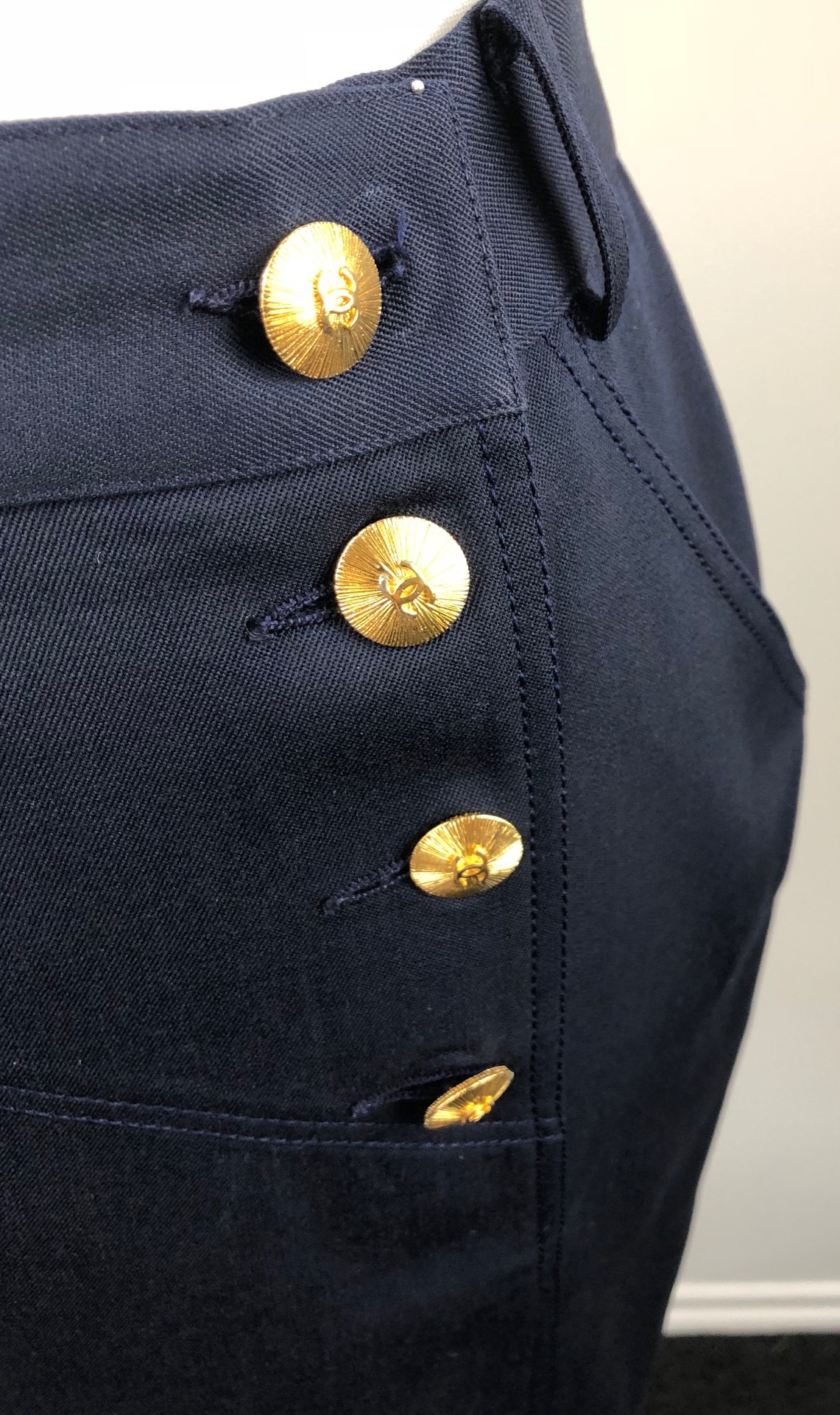 Chanel Vintage Navy Blue Pencil Skirt with CC Gold Buttons