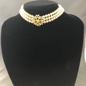 Triple Strand Vintage Pearls Necklace with a Flower Centrepiece With Rhinestones