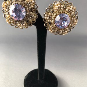 Vintage Amethyst Flower Clip on Earrings Cannetille work & Faux Pearls