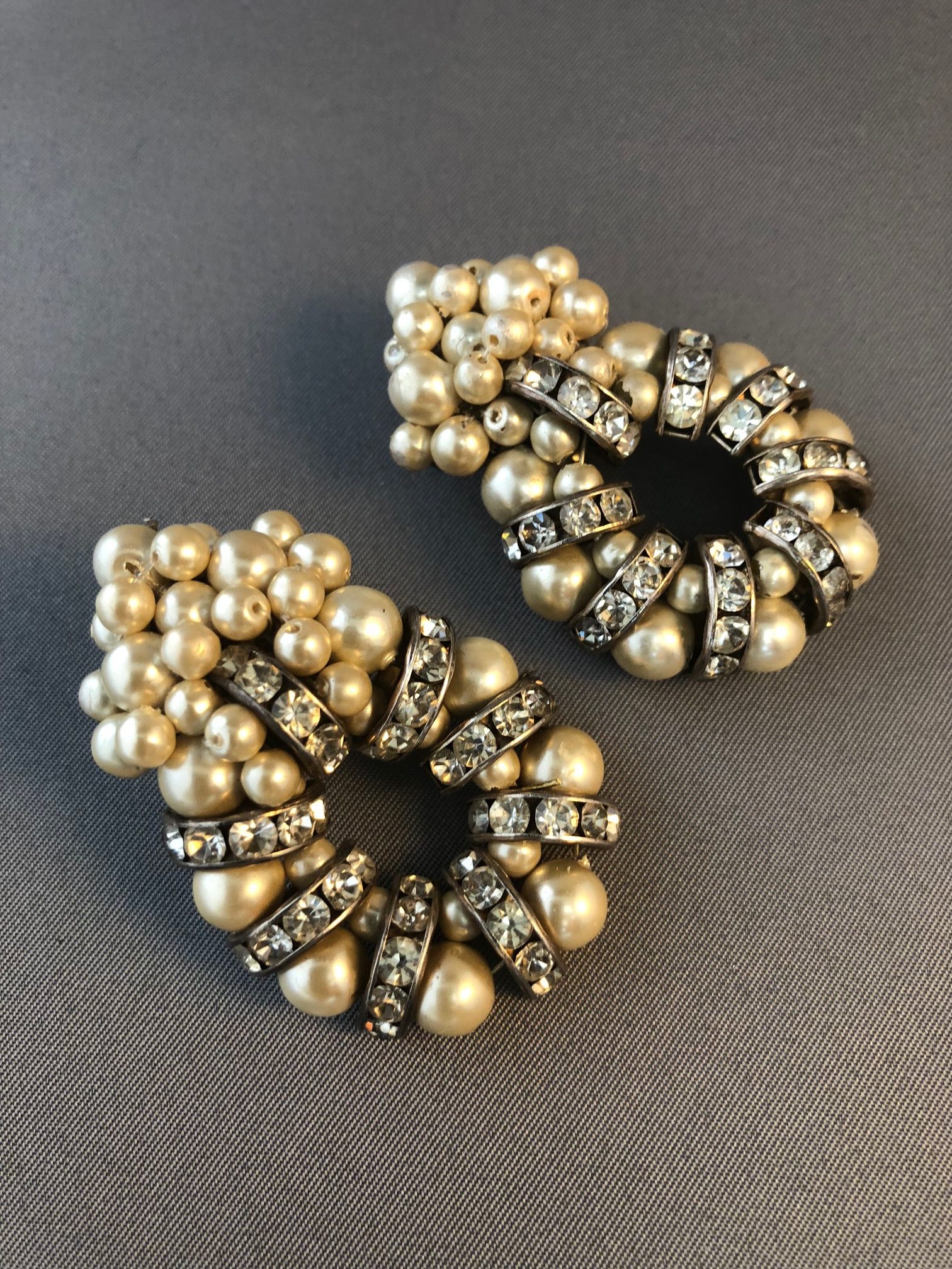 Vintage Oval-Shaped Clip On Drop Earrings With Faux Pearls & Faux Diamonds
