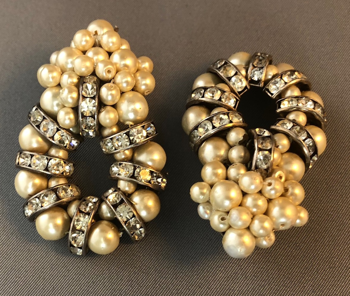Vintage Oval-Shaped Clip On Drop Earrings With Faux Pearls & Faux Diamonds