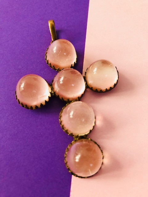 Vintage Cross Pendant With 6 Big Pink Quartz Cabochons - Image 2