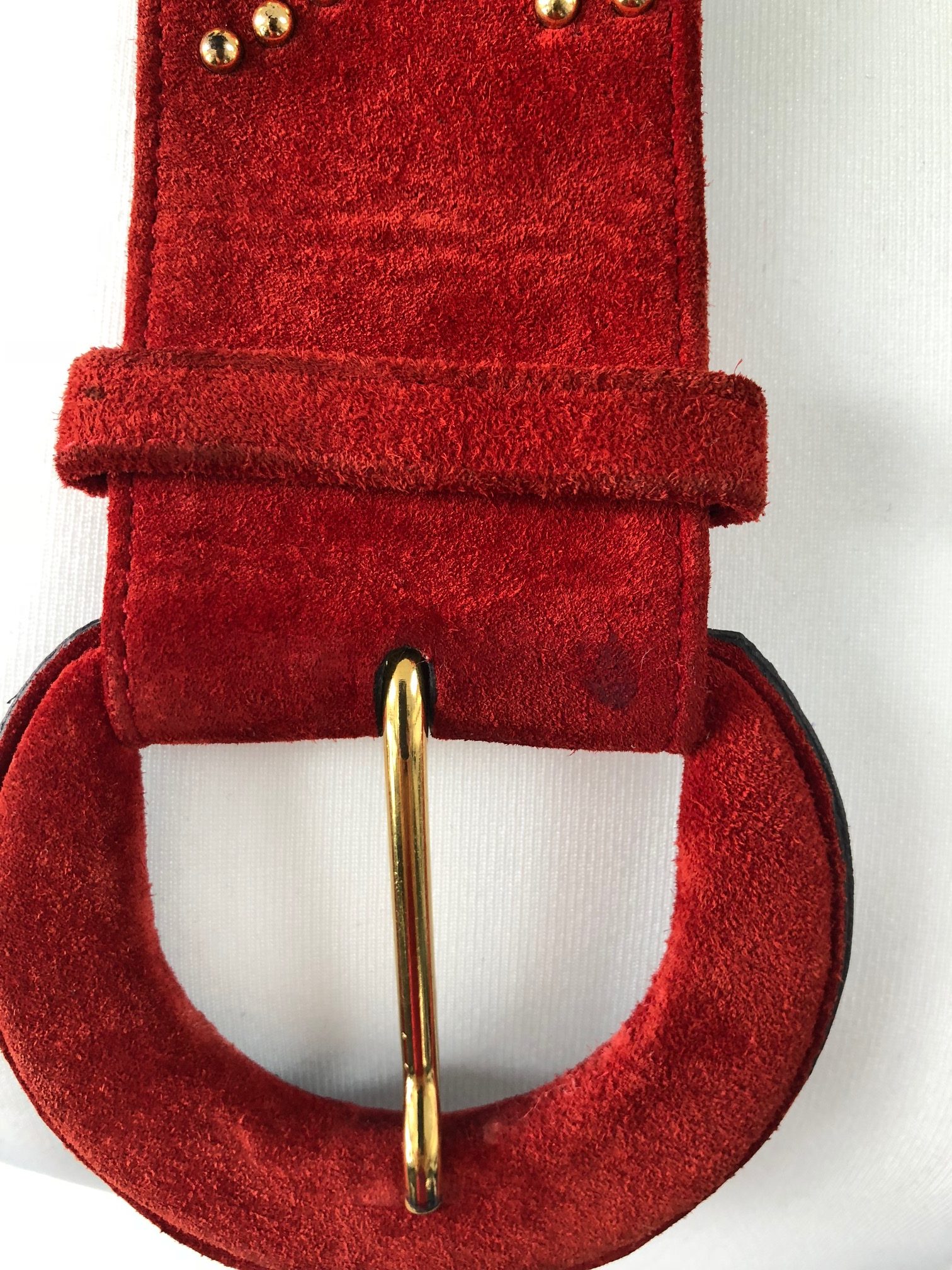 YSL YVES SAINT-LAURENT Red Studded Belt Suede-Leather Gold Finished With Set Rivets - Image 5