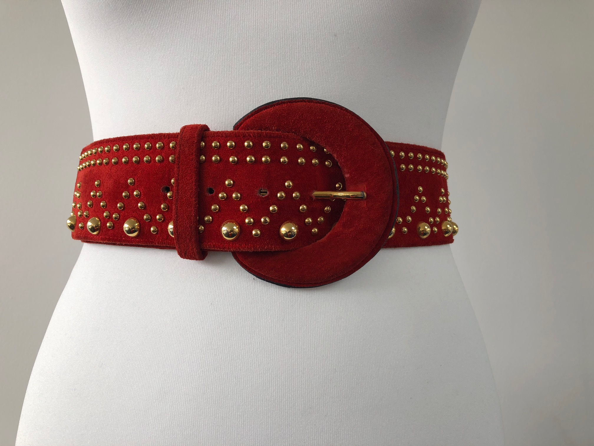 YSL YVES SAINT-LAURENT Red Studded Belt Suede-Leather Gold Finished With Set Rivets