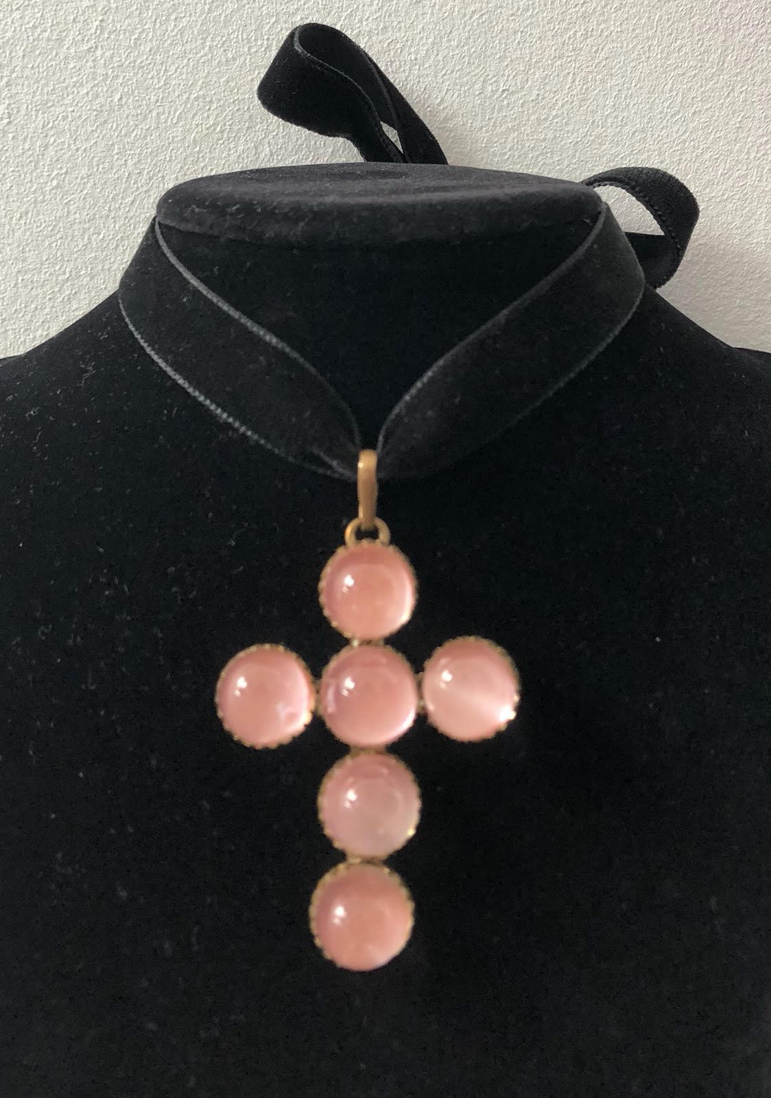Vintage Cross Pendant With 6 Big Pink Quartz Cabochons
