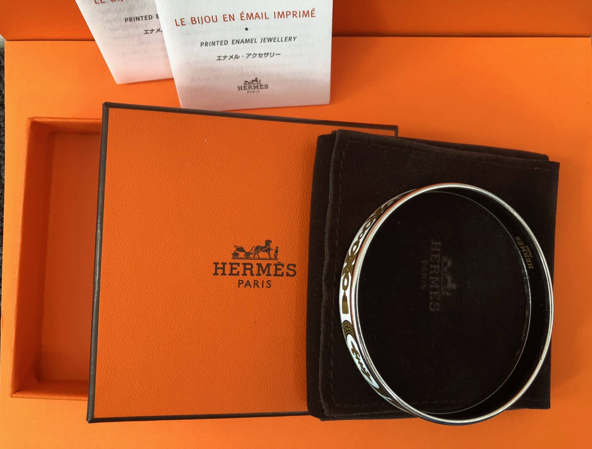 HERMES Enamel Printed Narrow Grand Apparat Bracelet 62 Blanc White - Image 5