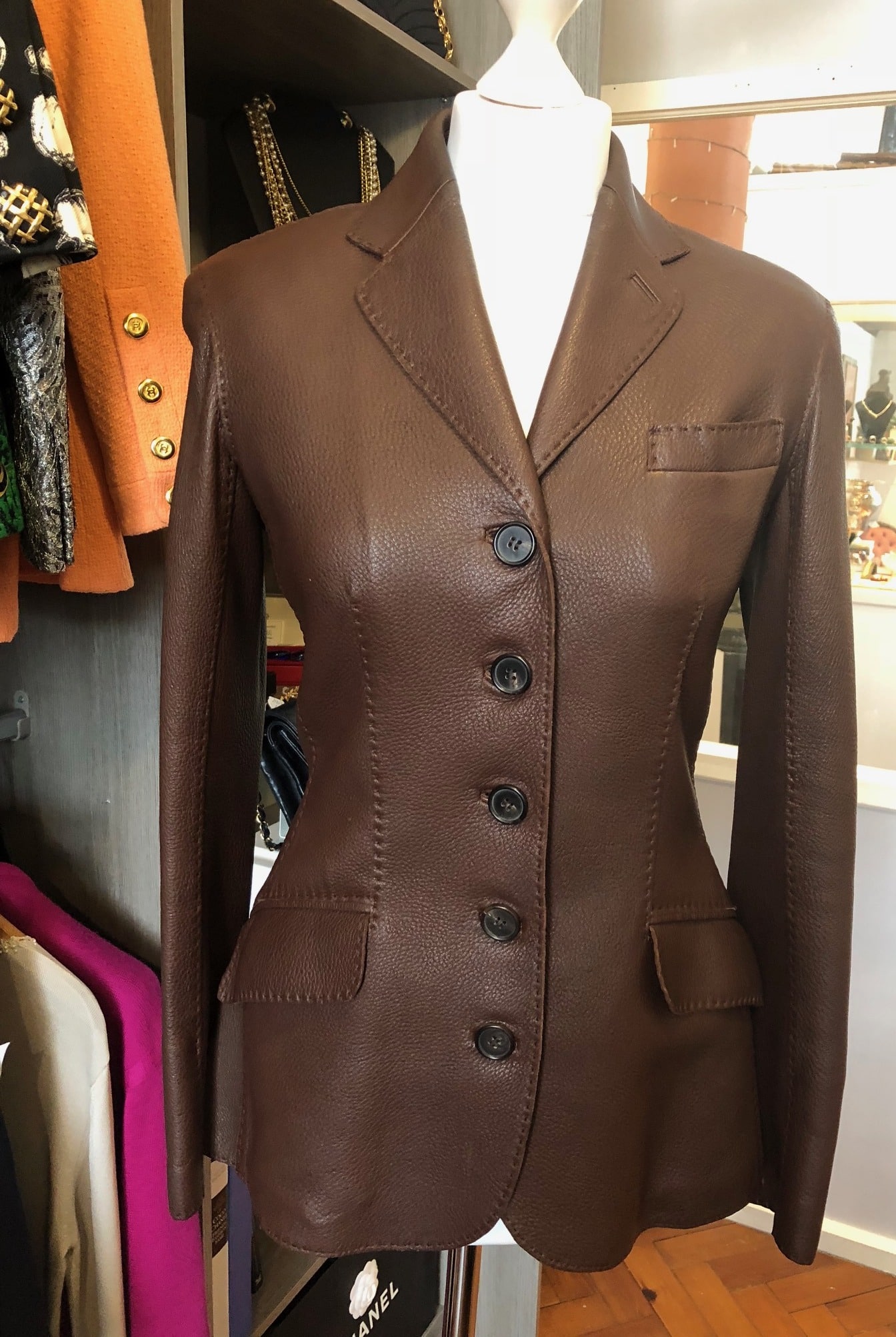 HERMES Riding Leather Jacket Saddle Stitching Brown - Image 3