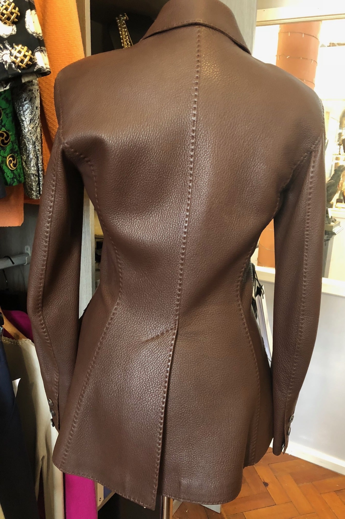 HERMES Riding Leather Jacket Saddle Stitching Brown - Image 8