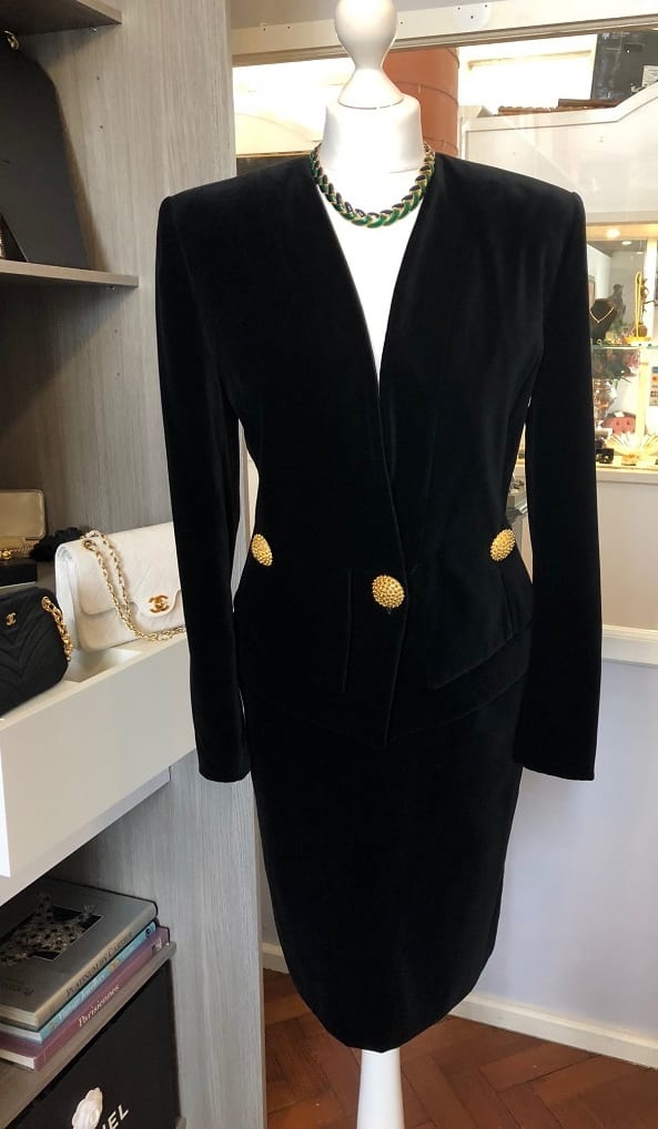 Vintage Couture Skirt Suit Black Jewel Buttons Asymmetric French - Image 2