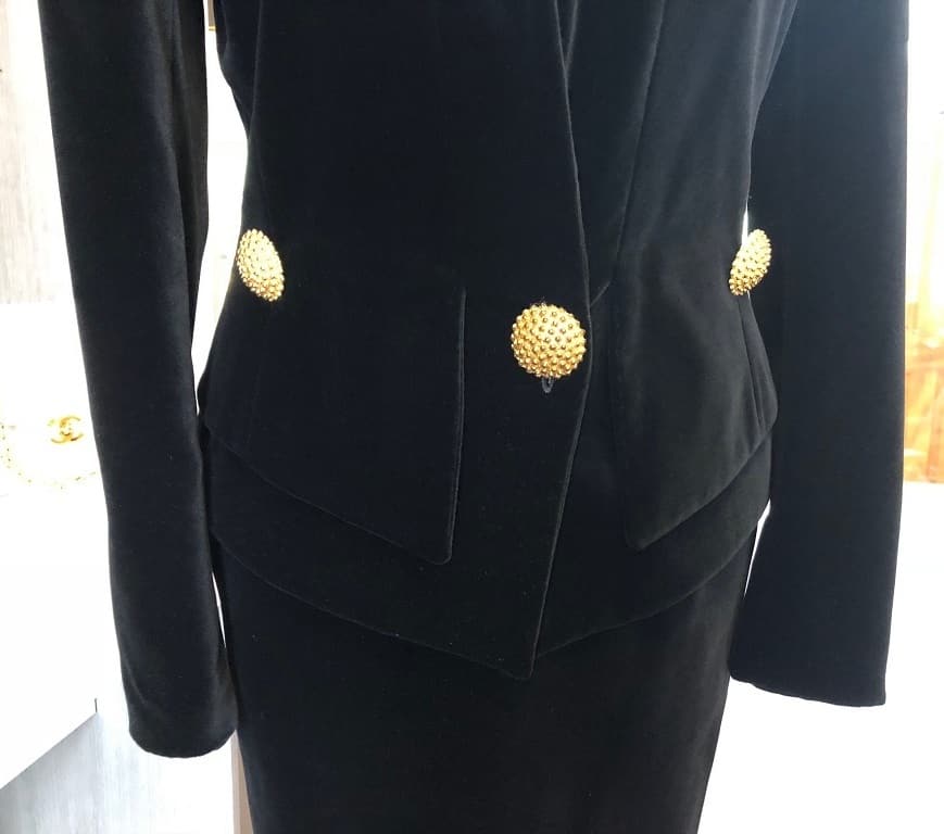 Vintage Couture Skirt Suit Black Jewel Buttons Asymmetric French - Image 8