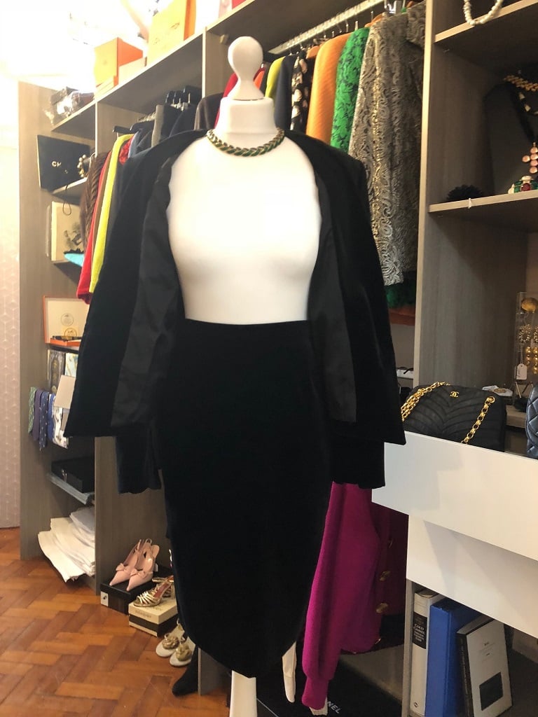 Vintage Couture Skirt Suit Black Jewel Buttons Asymmetric French - Image 13