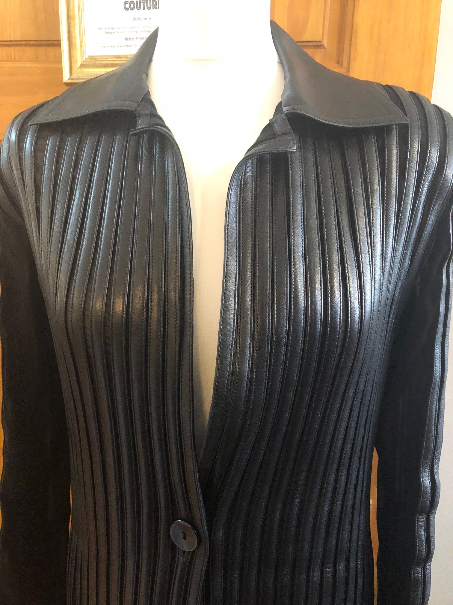 JITROIS Black Long Leather Stripe Panel Jacket - Image 5