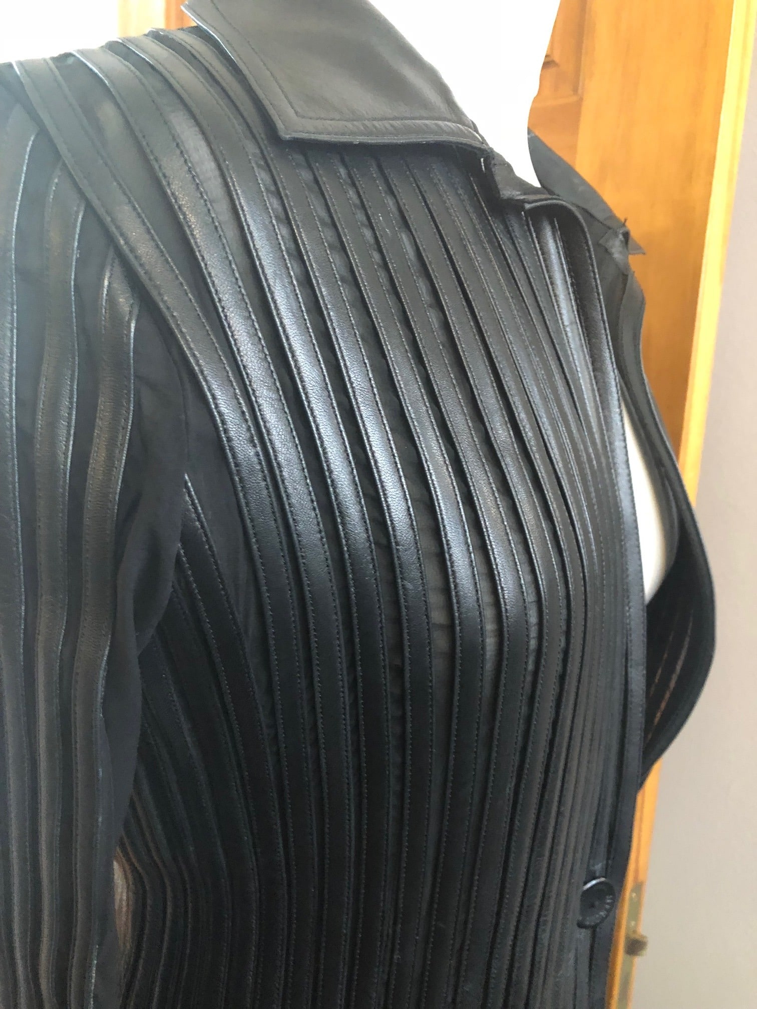 JITROIS Black Long Leather Stripe Panel Jacket