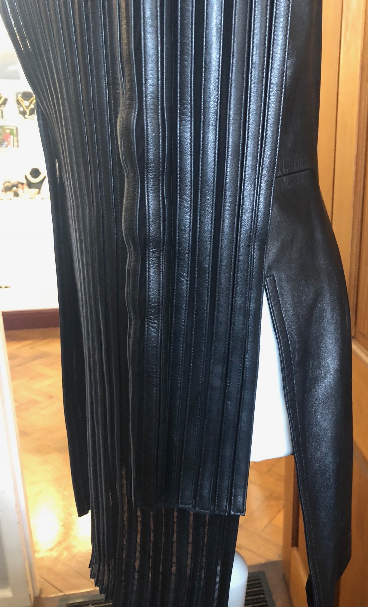 JITROIS Black Long Leather Stripe Panel Jacket - Image 9