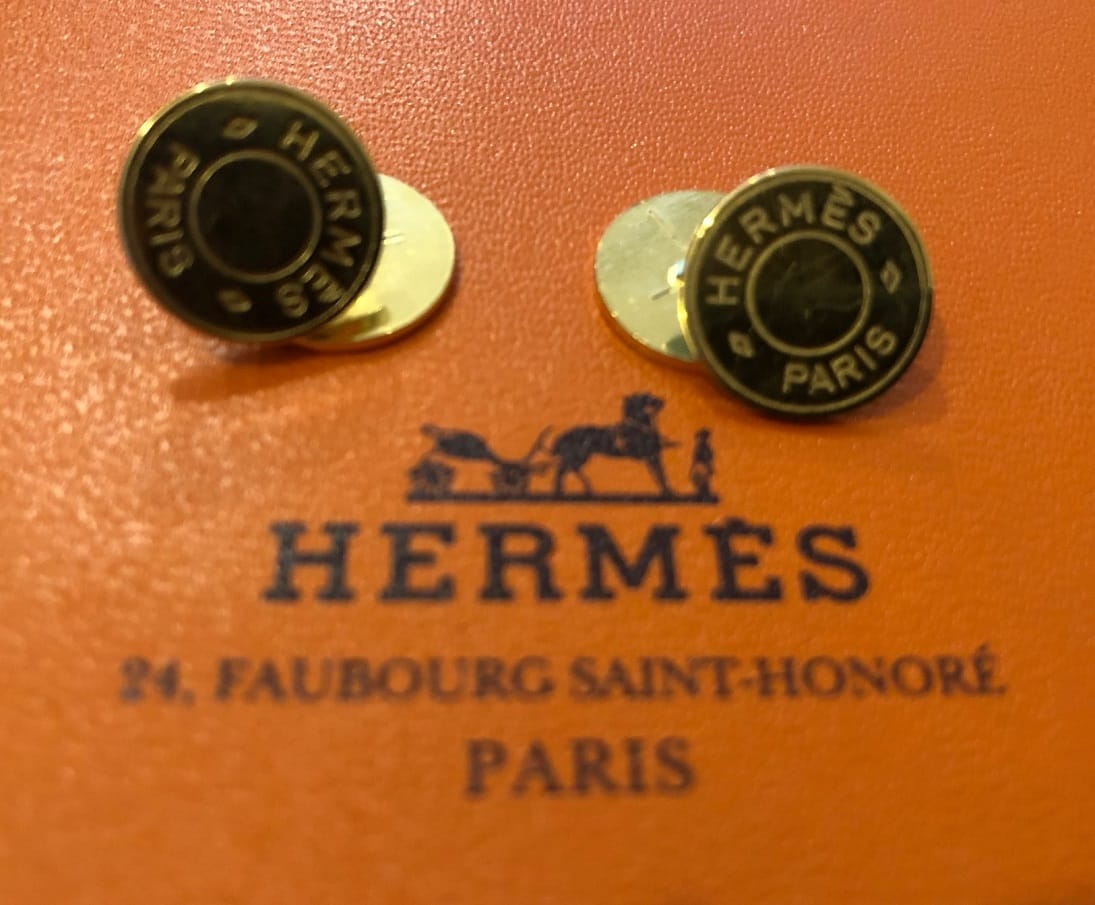 HERMES Gold Round Coin 'HERMES PARIS' Stud Cufflinks