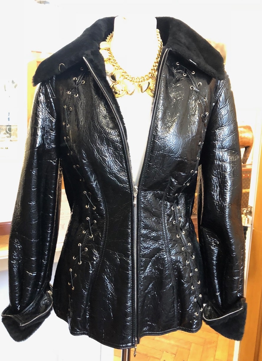 THIERRY MUGLER Leather Fitted Lace Up Jacket Coat Fur - Image 2