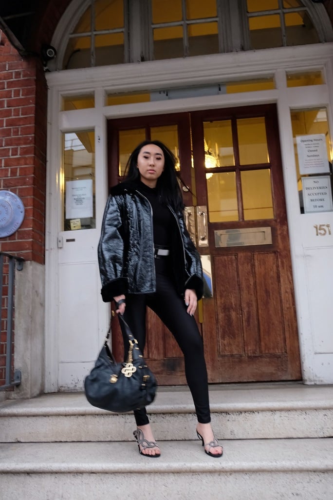 THIERRY MUGLER Leather Fitted Lace Up Jacket Coat Fur