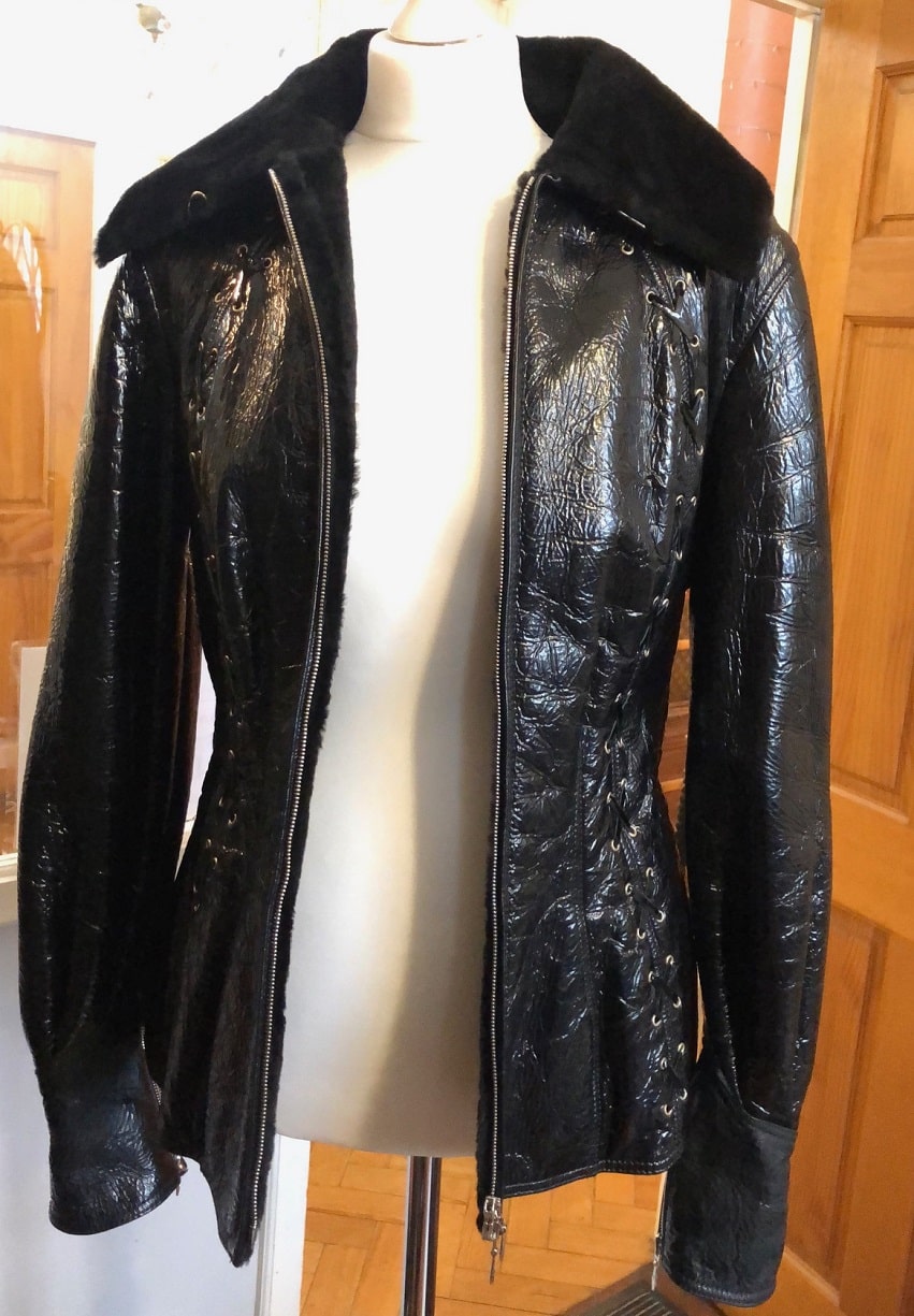 THIERRY MUGLER Leather Fitted Lace Up Jacket Coat Fur - Image 4