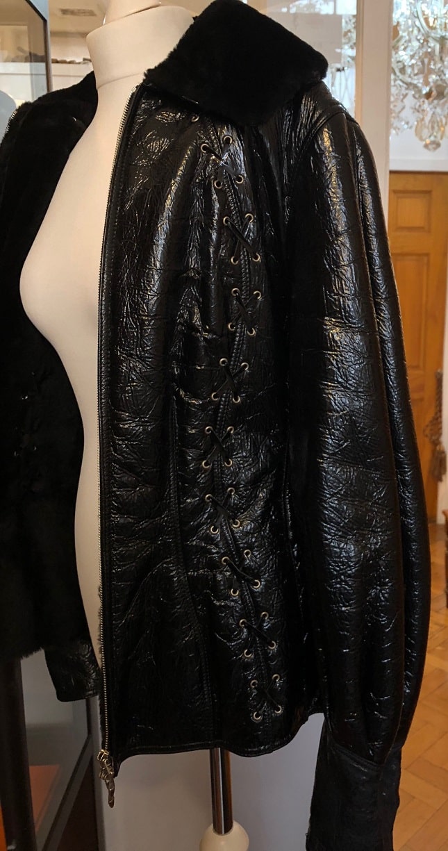 THIERRY MUGLER Leather Fitted Lace Up Jacket Coat Fur - Image 5