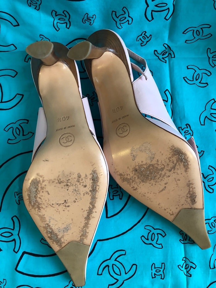 CHANEL Pale Pink Leather Slings Classic CC Logo Bow Heels Shoes Mules - Image 7