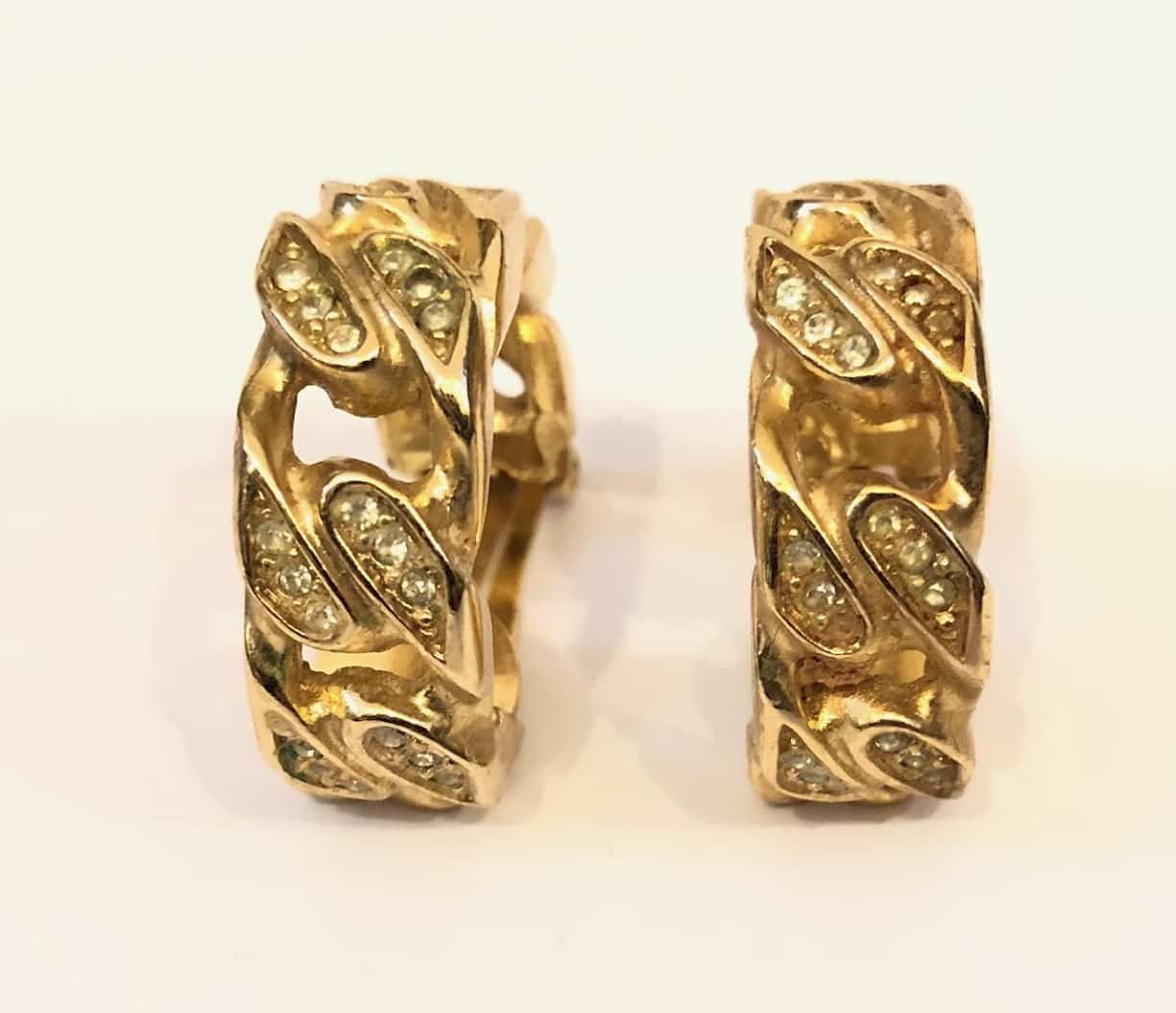 CHRISTIAN DIOR Vintage Round Hoop Earrings Crystal Gold-Plated 1980s