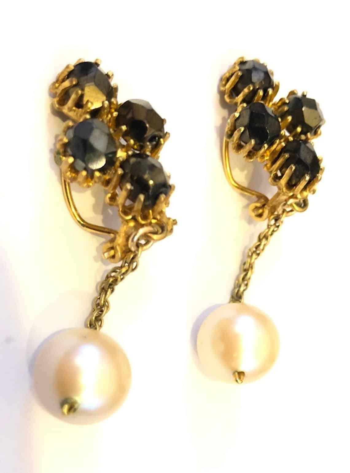 Drop Earrings Onyx Pearl French Vintage