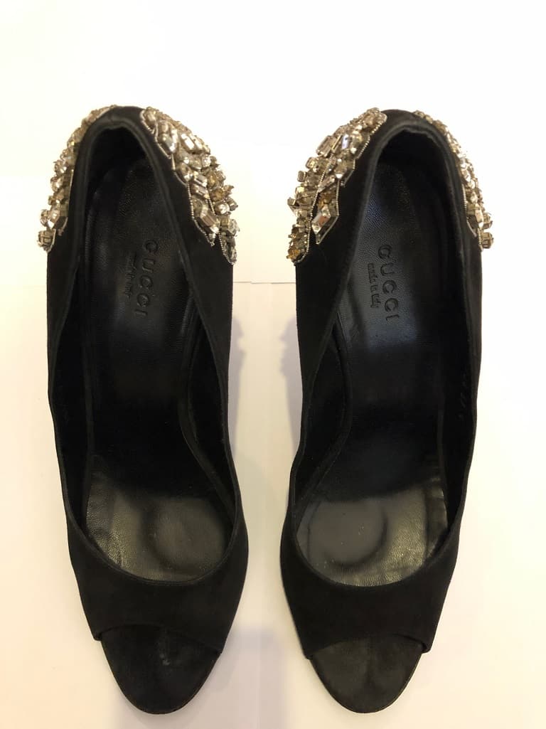 Gucci Black Suede Embellished Jewels Peep Toe Stiletto - Image 5