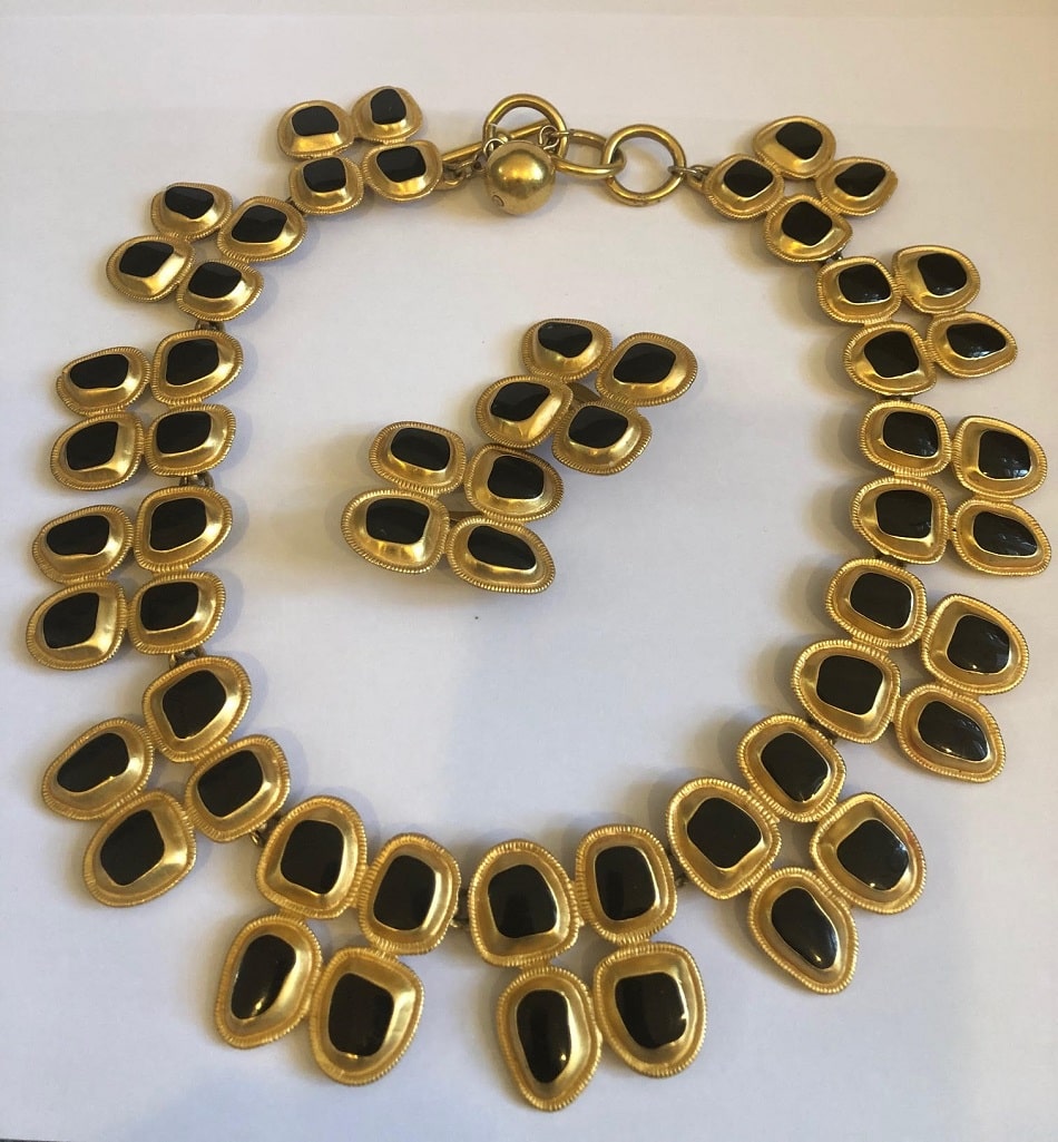 22K Gold Plated Black Stone Necklace Earrings Set