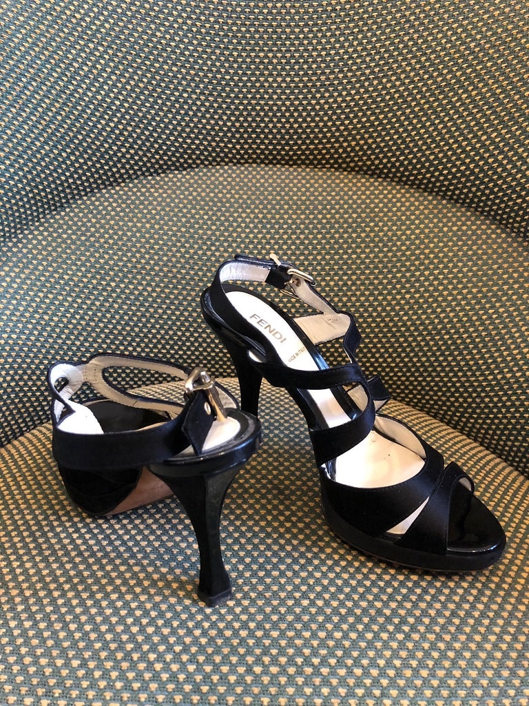 FENDI Strappy High Heels Sandals Black Leather Satin - Image 2