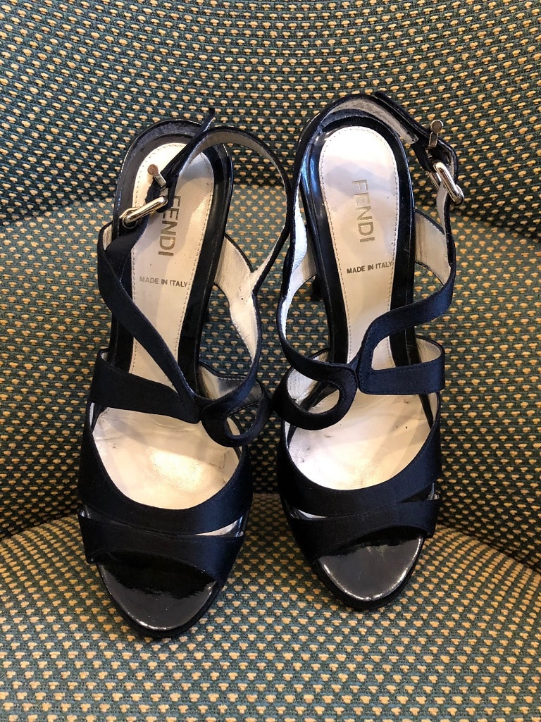 FENDI Strappy High Heels Sandals Black Leather Satin - Image 5