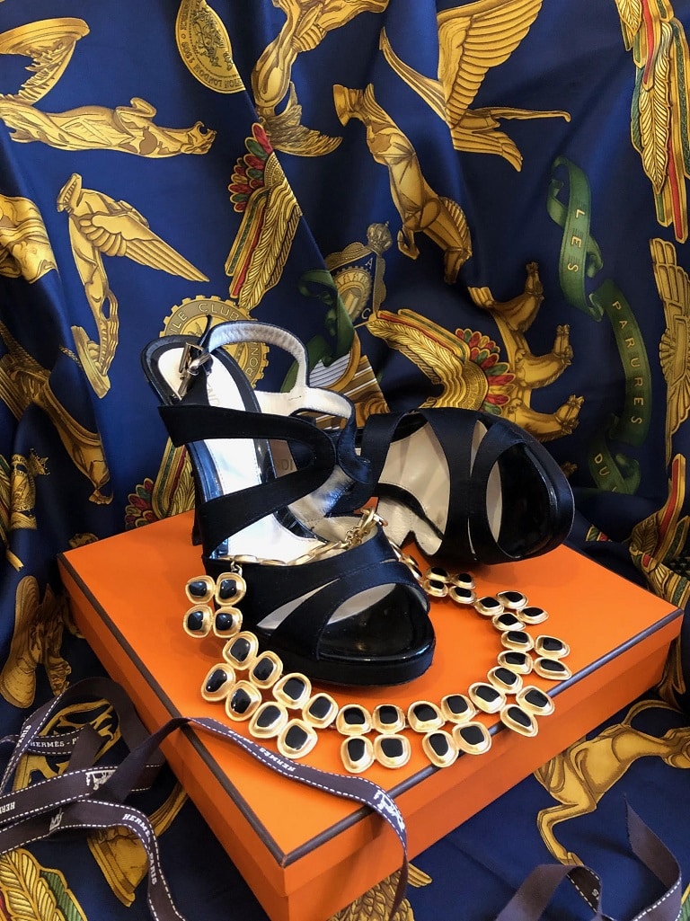 FENDI Strappy High Heels Sandals Black Leather Satin