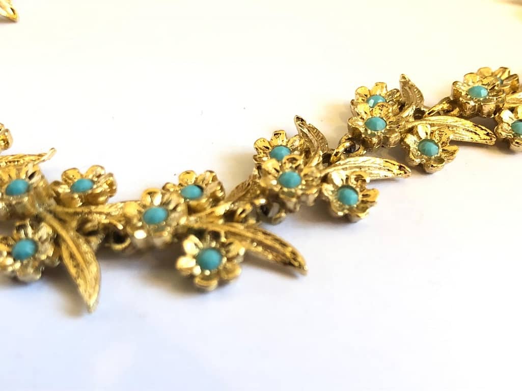 Necklace Earrings Set Turquoise Lilly 22k Gold Plated French 1970s - Image 2