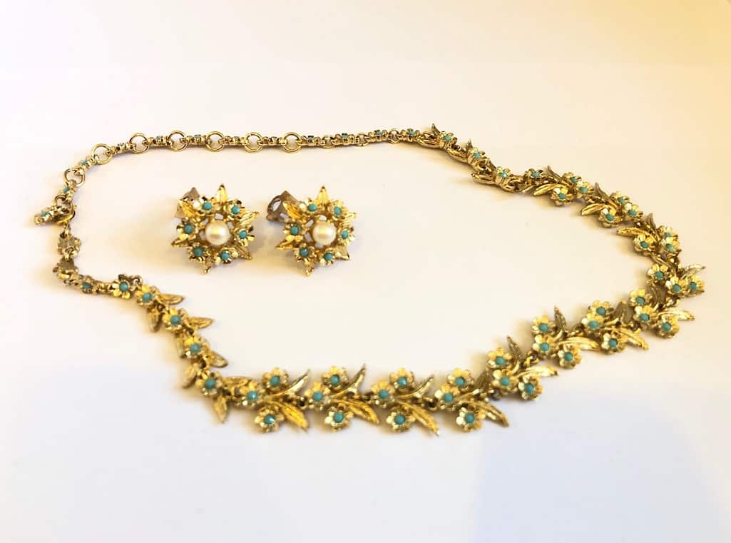 Necklace Earrings Set Turquoise Lilly 22k Gold Plated French 1970s