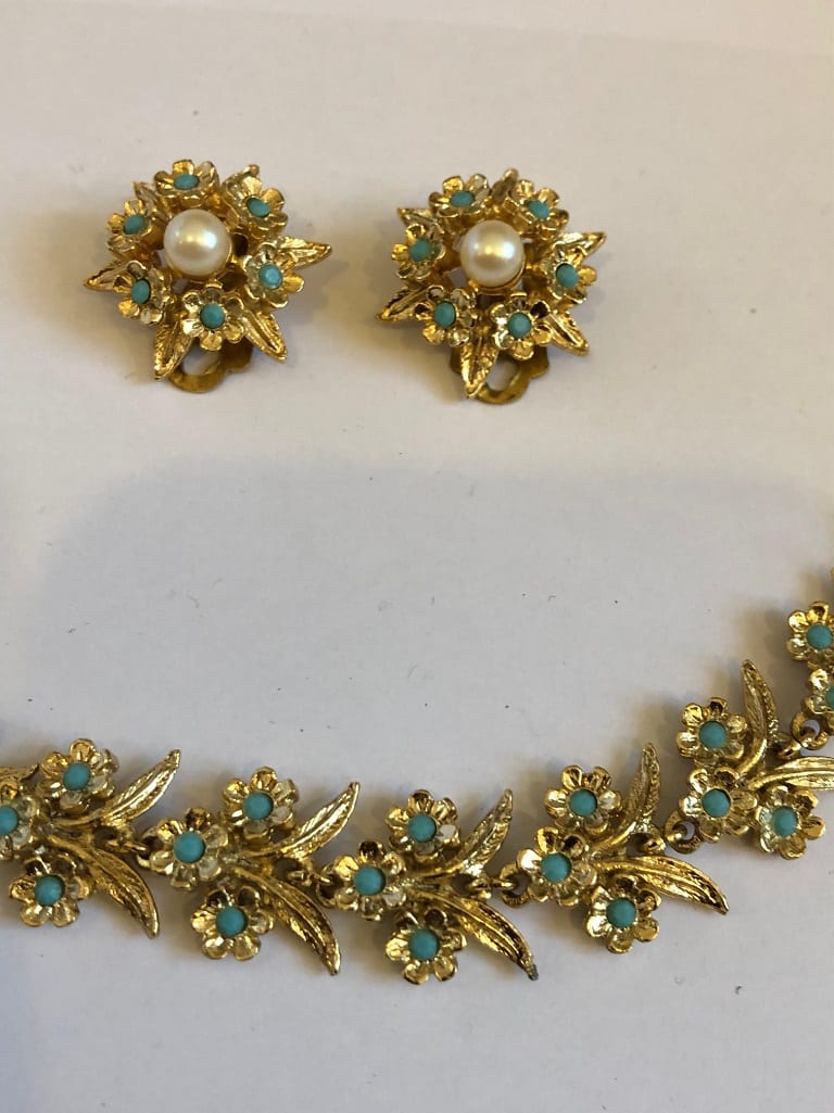 Necklace Earrings Set Turquoise Lilly 22k Gold Plated French 1970s - Image 4