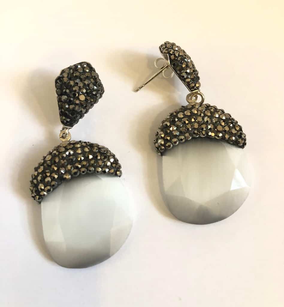 Silver Agate Black Crystal Drop Earrings