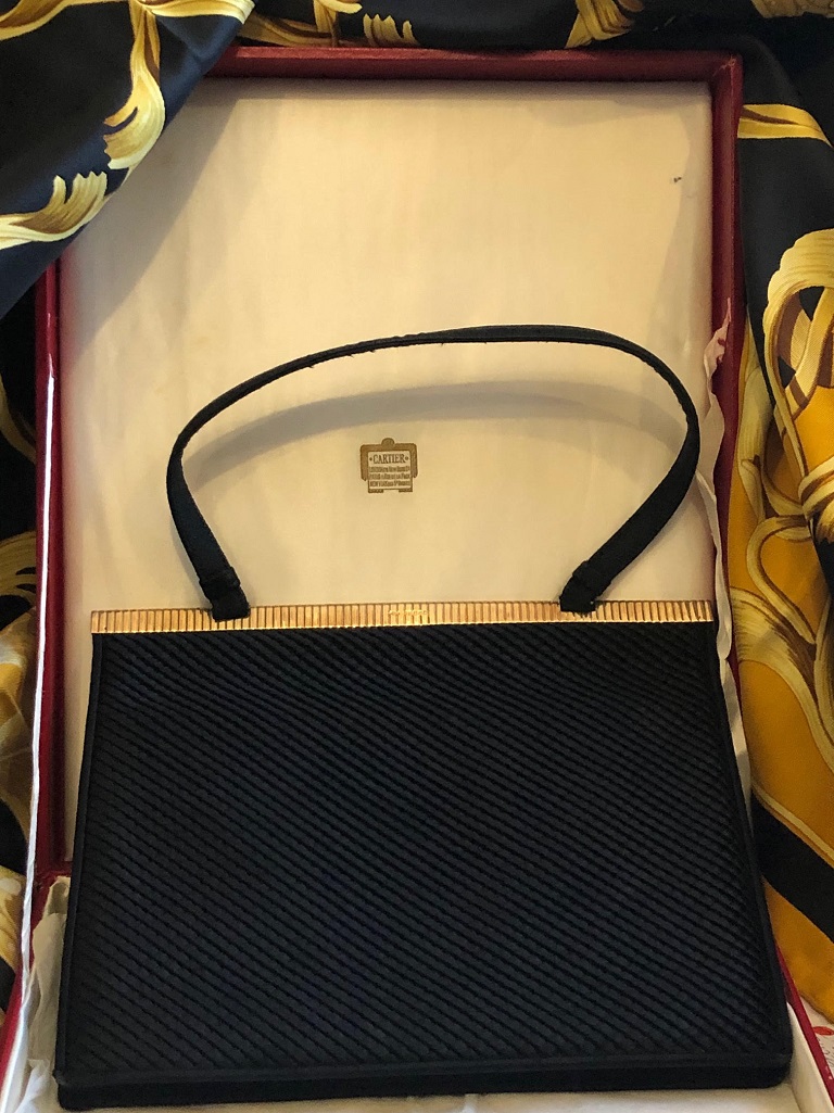 CARTIER 9ct Gold and Black Silk Evening Bag Vintage 1955 - Image 3