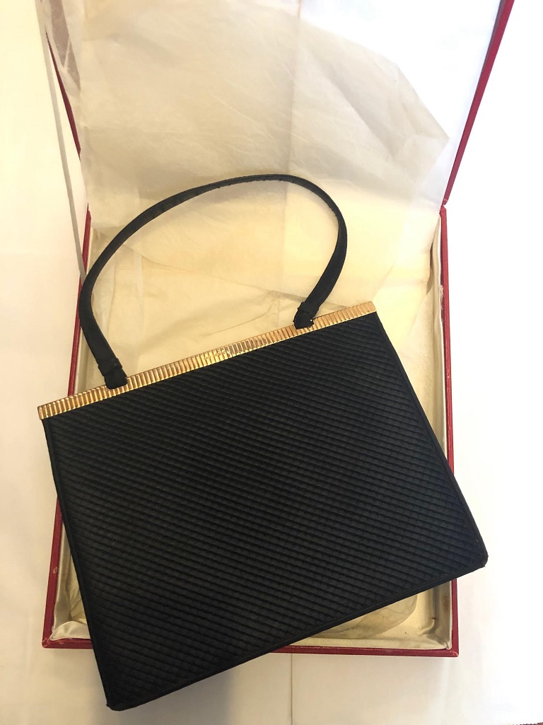 CARTIER 9ct Gold and Black Silk Evening Bag Vintage 1955