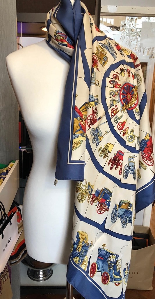 HERMES Scarf Carrosserie 1976 Philippe Ledoux Blue Carriages Print