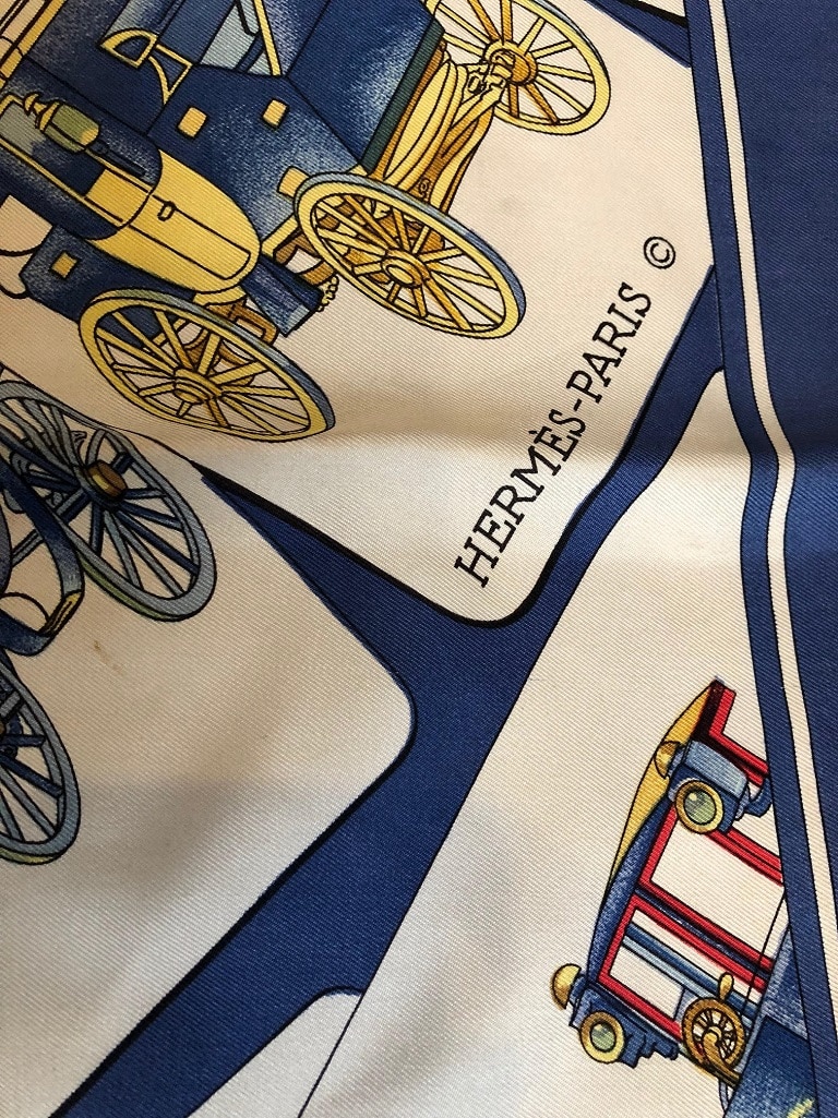 HERMES Scarf Carrosserie 1976 Philippe Ledoux Blue Carriages Print - Image 3