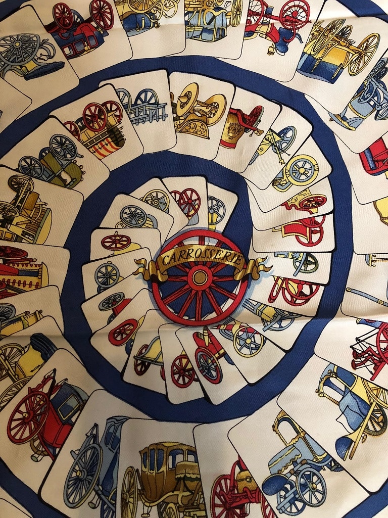 HERMES Scarf Carrosserie 1976 Philippe Ledoux Blue Carriages Print - Image 2
