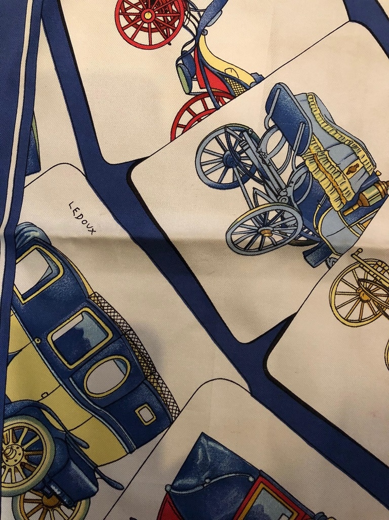HERMES Scarf Carrosserie 1976 Philippe Ledoux Blue Carriages Print - Image 4