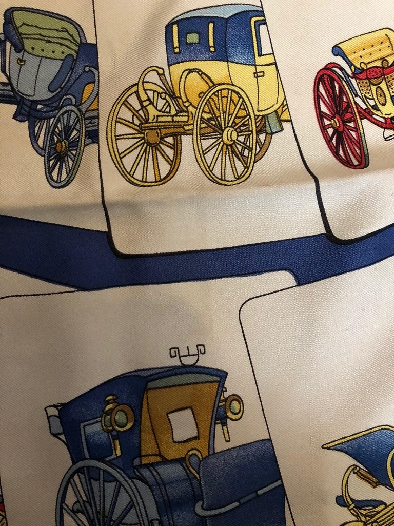 HERMES Scarf Carrosserie 1976 Philippe Ledoux Blue Carriages Print - Image 5