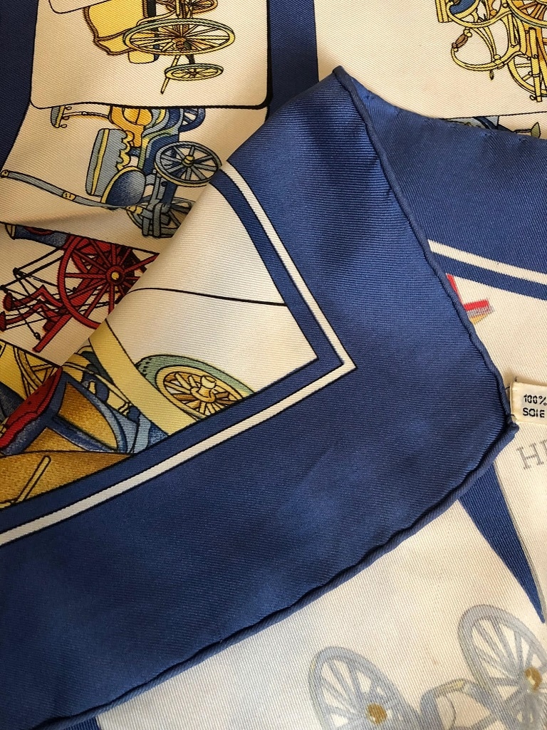 HERMES Scarf Carrosserie 1976 Philippe Ledoux Blue Carriages Print - Image 6