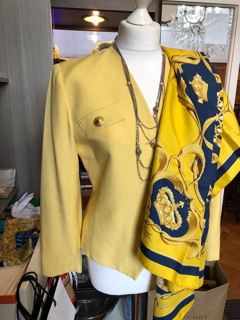 HERMÈS Rare Crowns Couronnes Silk Scarf in Gold and Royal Blue Circa 1969 W/Box