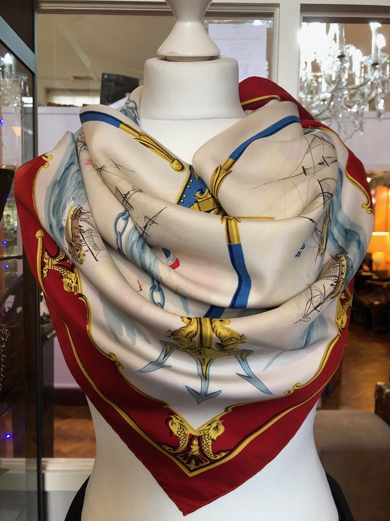 HERMÈS La Marine en Bois by Hugo Grygkar Red Nautical Ship Trident Silk Scarf Circa 1957 - Image 2