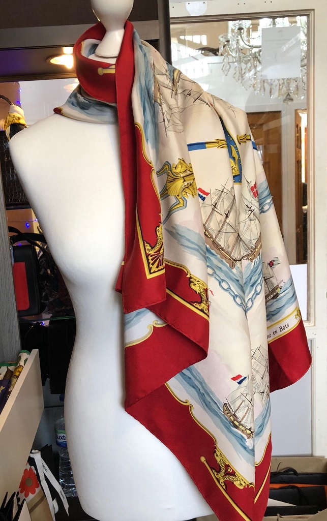 HERMÈS La Marine en Bois by Hugo Grygkar Red Nautical Ship Trident Silk Scarf Circa 1957