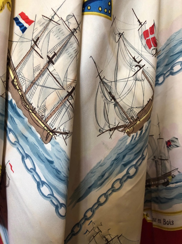 HERMÈS La Marine en Bois by Hugo Grygkar Red Nautical Ship Trident Silk Scarf Circa 1957 - Image 3
