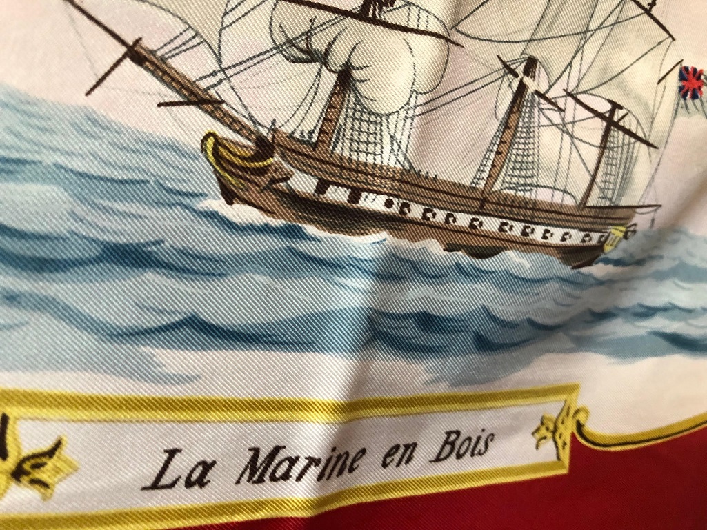 HERMÈS La Marine en Bois by Hugo Grygkar Red Nautical Ship Trident Silk Scarf Circa 1957 - Image 4
