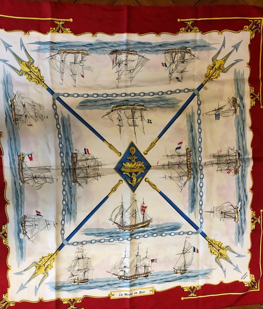 HERMÈS La Marine en Bois by Hugo Grygkar Red Nautical Ship Trident Silk Scarf Circa 1957 - Image 6