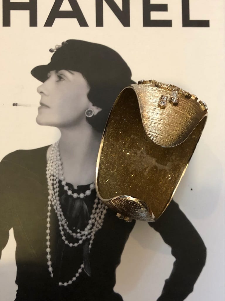 CHANEL CC Logo Cuff Bracelet Bangle Crystal Gold-Tone - Image 10